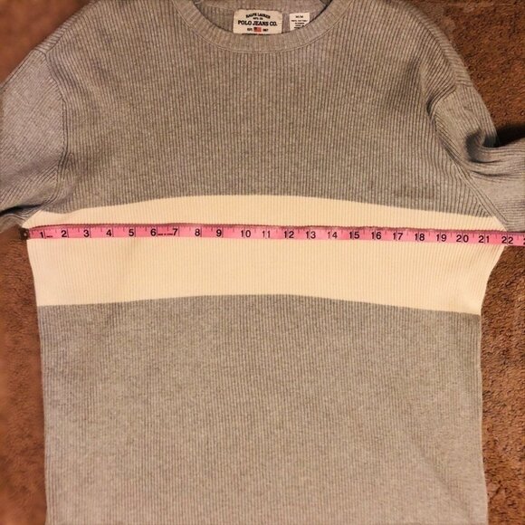 Ralph Lauren Polo Jeans Co Men's Gray Sweater Cream Stripe Pullover Crew Sz M - Picture 4 of 9